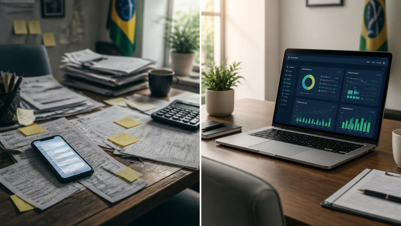 Comparativo antes e depois da organização contábil: mesa com documentos espalhados e, ao lado, painel digital organizado
