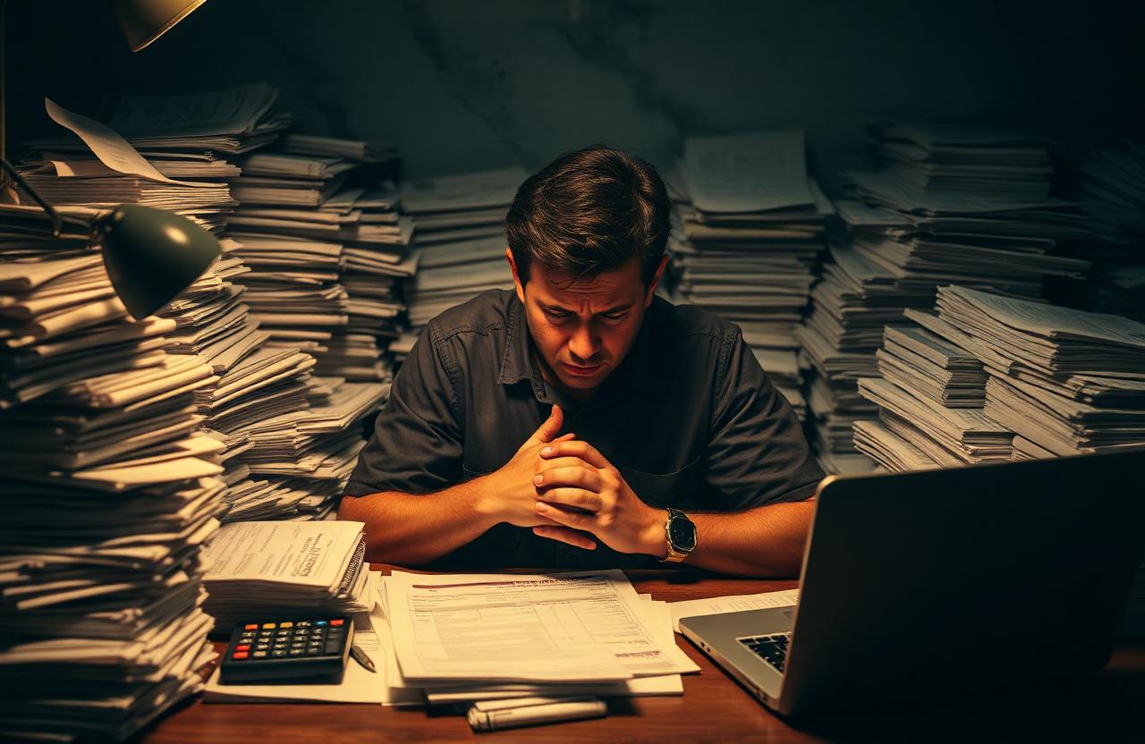 Empresário sobrecarregado com pilhas de documentos fiscais desorganizados